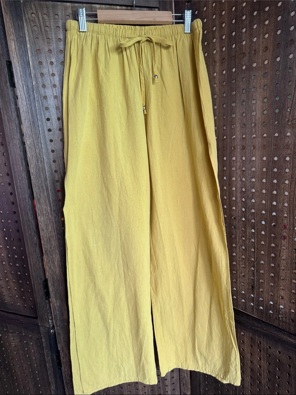 Women’s Casual Cotton Yellow Drawstring Pants with High Side-Slit Size Medium